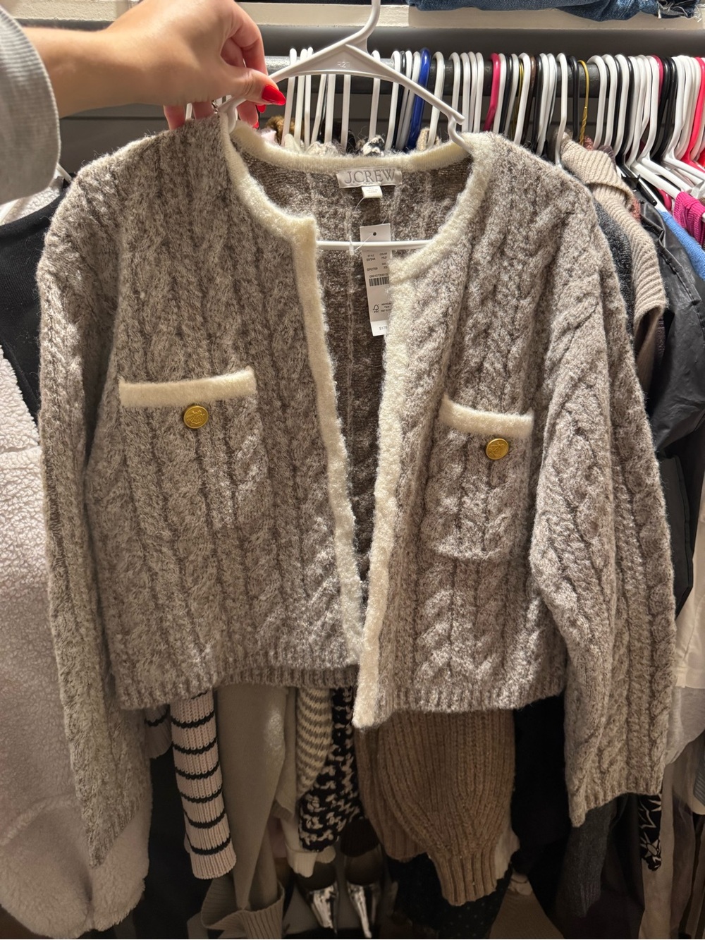J. Crew Gray Cable-Knit Cardigan with Cream Trim and Gold Buttons